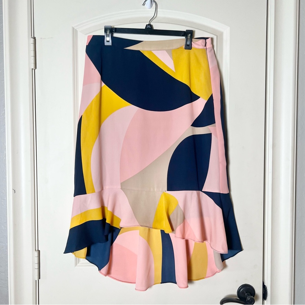 Bar III Colorblock Ruffle High Low Midi Skirt Pink Navy Size 12